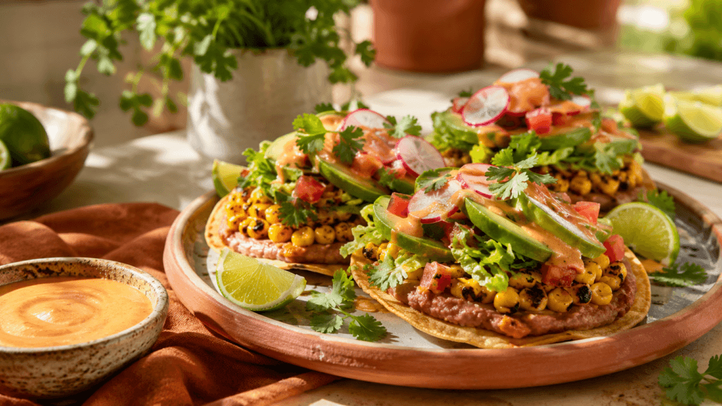 Charred Corn Tostada Fiesta: Crisp, flavor-packed tostadas topped with creamy beans and veggies—ideal for vibrant summer snacking. Save this idea so you can come back to it later.