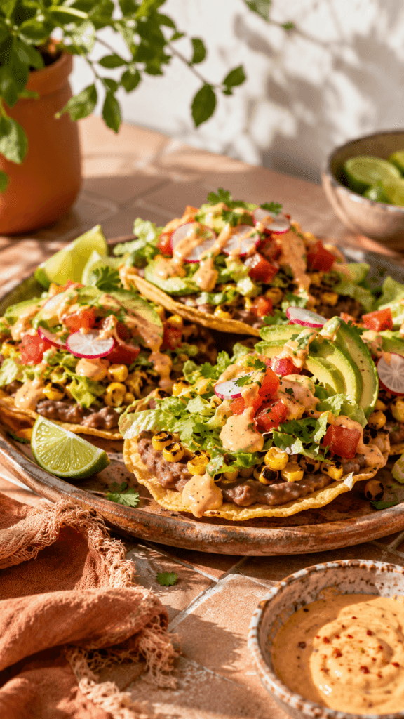 Charred Corn Tostadas: Vibrant, crunchy, fresh; topped with beans, avocado, and zesty sauce—great for healthy meals. Save this idea so you can come back to it later.