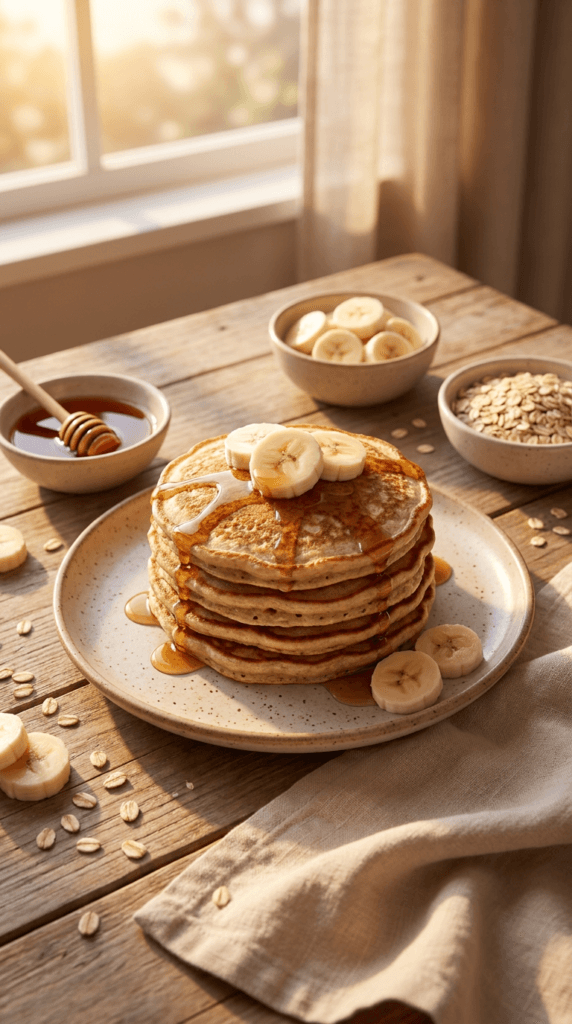 Banana Oat Protein Pancakes: Fluffy, golden pancakes with syrup, fresh fruit & honey—ideal for nutritious mornings. Save this idea so you can come back to it later.