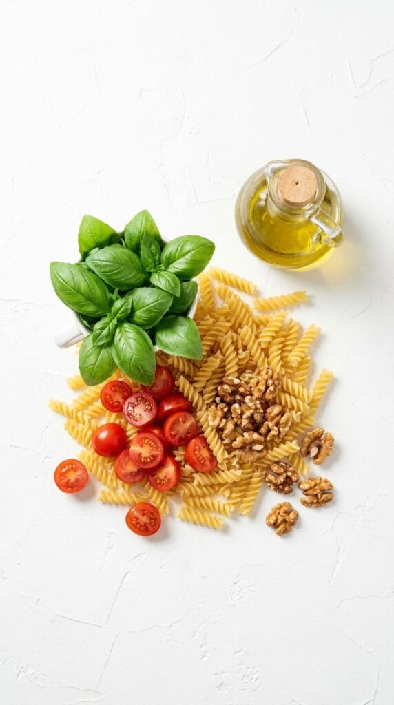 Vegan Pesto Pasta Bowl: Vibrant, fresh, and nourishing—walnuts, basil & fusilli on crisp white. Easy weeknight meal. Save this idea so you can come back to it later.