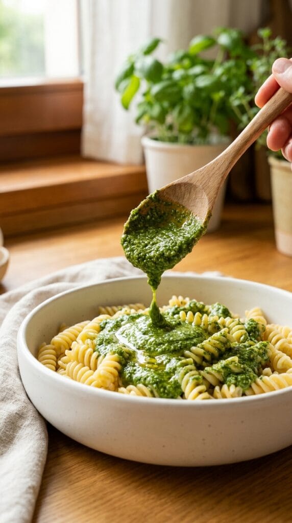 Vegan Pesto Pasta Perfection: Fresh vegan pesto drizzles onto warm, spiral fusilli; cozy kitchen vibes boost plant-based meals. Save this idea so you can come back to it later.