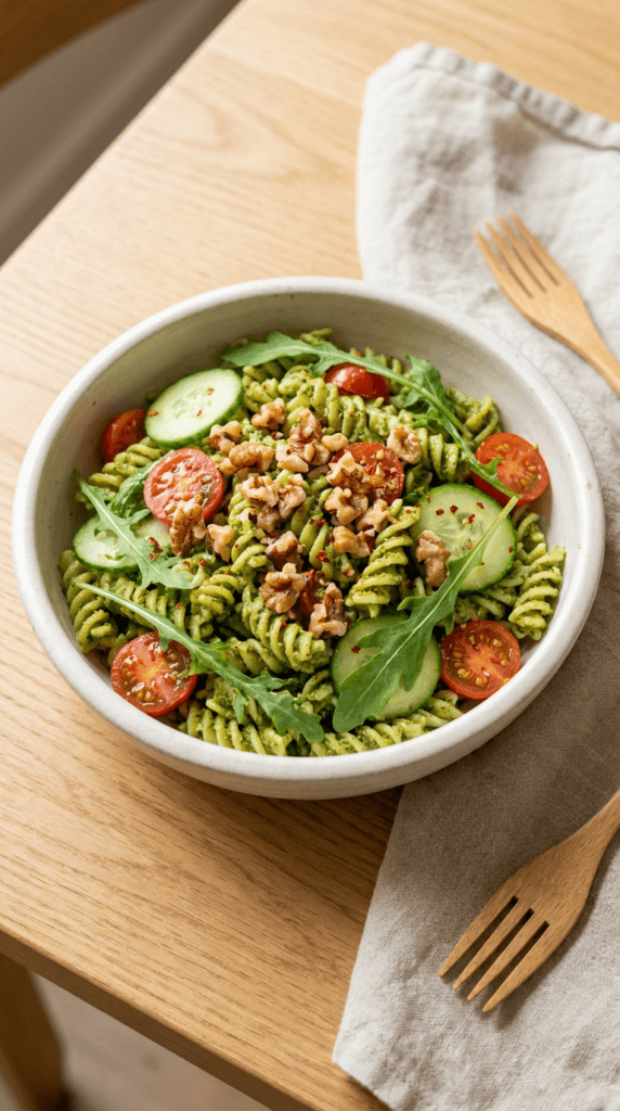 Vibrant Vegan Pesto Pasta: Colorful and fresh fusilli salad with crunchy walnuts—perfect for healthy lunches. Save this idea so you can come back to it later.