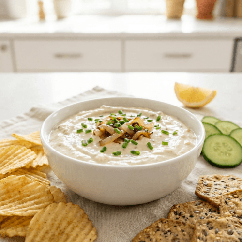 Dairy-Free French Onion Dip Delight: Creamy, flavor-packed dip with fresh chives, crackers & chips—ideal for summer snacking.