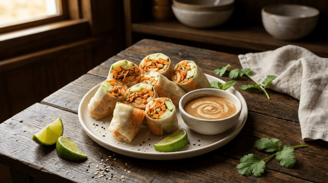 Kimchi Summer Rolls: Crisp, vibrant veggie rolls with creamy dip, lime wedges & fresh herbs—ideal for light lunches. Save this idea so you can come back to it later.