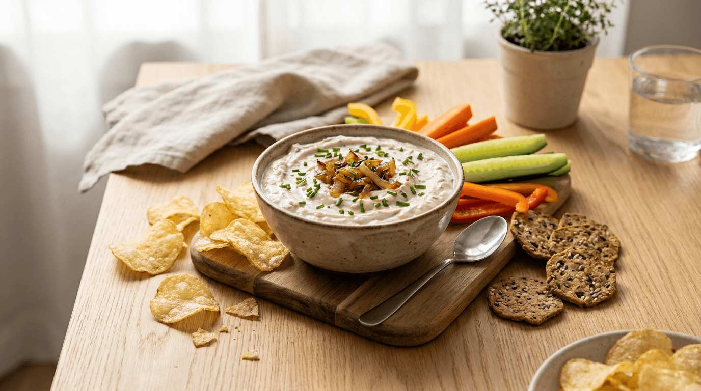 Dairy-Free French Onion Dip Party: Silky, flavorful dip with fresh herbs, chips, veggies—perfect for entertaining. Save this idea so you can come back to it later.