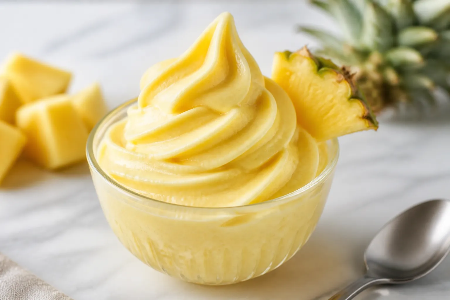 vegan pineapple Dole Whip Bliss: Lush, velvety swirl in a glistening bowl with juicy chunks—refreshing for summer cravings. Save this idea so you can come back to it later.