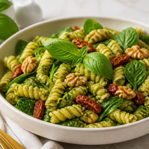 Pesto Pasta Bowl: Vibrant, aromatic fusilli with basil, walnuts, sun-dried tomatoes; perfect for easy gourmet nights. vegan pesto pasta salad
