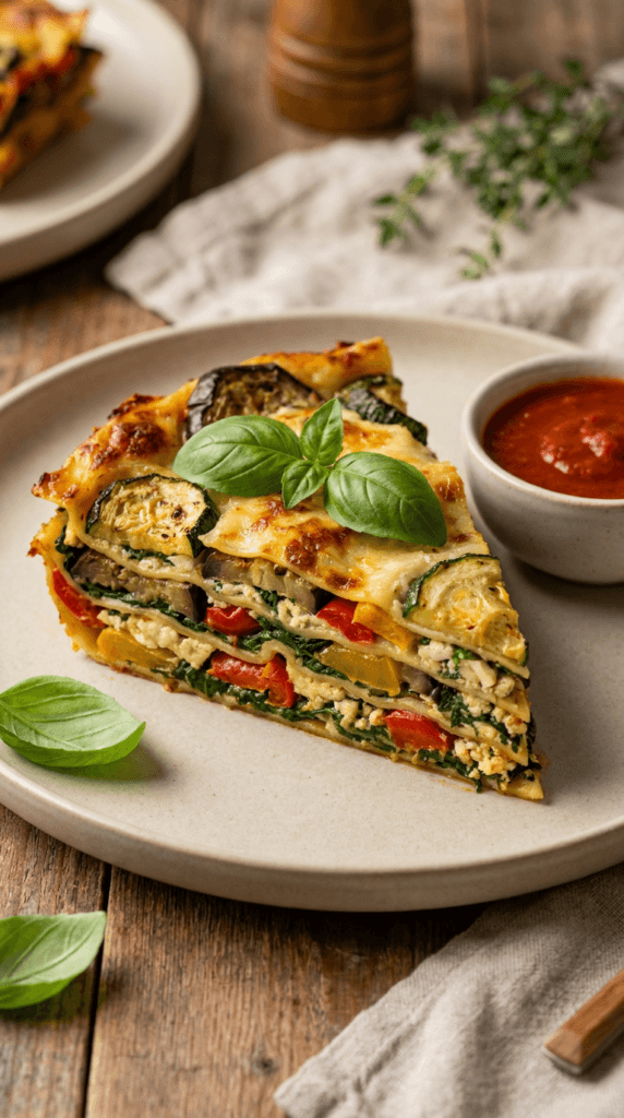 Vegan Veggie Lasagna Delight: Hearty, colorful, basil-topped slice on a rustic plate—easy plant-based comfort. Save this idea so you can come back to it later.