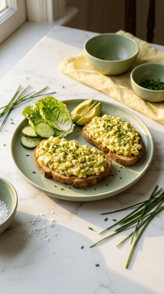 vegan egg salad sandwiches: Crunchy toast with silky egg salad, fresh cucumbers, and creamy avocado—perfect for easy meal prep.