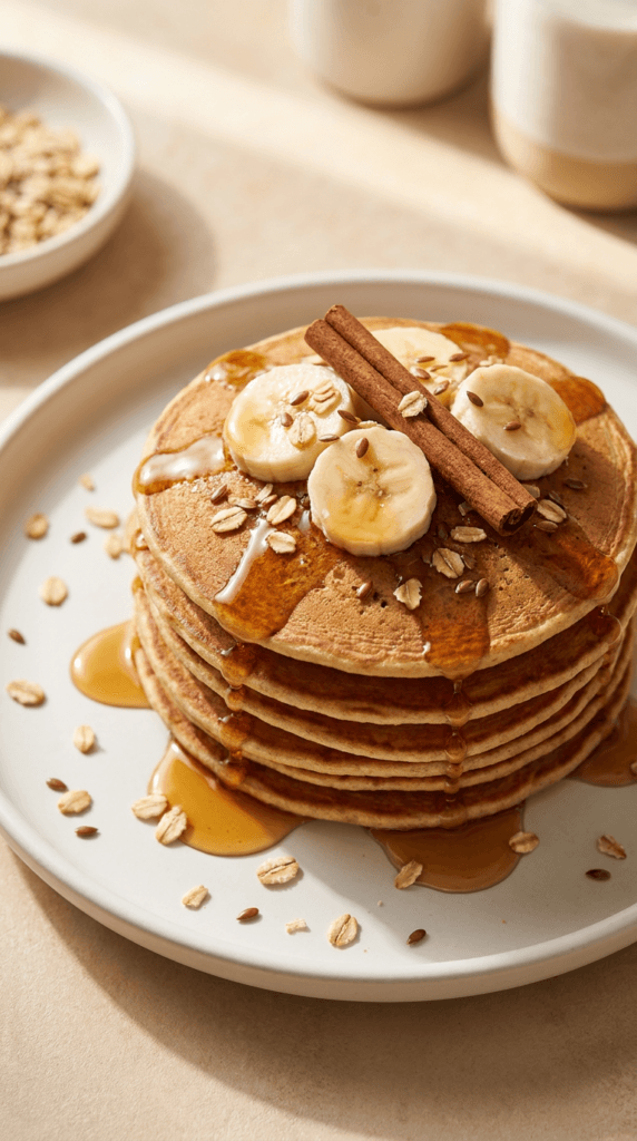 Banana Oat Protein Pancakes: Fluffy, golden pancakes with syrupy bananas, warm cinnamon, and oats—fuel your day. Save this idea so you can come back to it later.