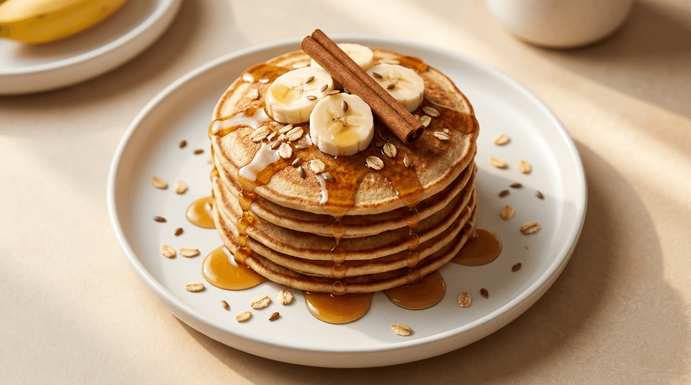 Banana Oat Protein Pancakes: Fluffy, energizing stack glazed with syrup and cinnamon. Great for busy mornings. Save this idea so you can come back to it later.