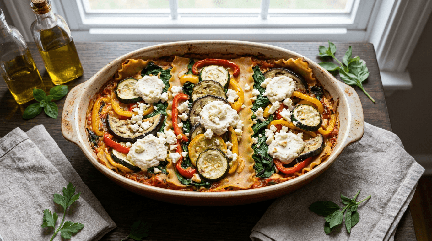 Vegan Roasted Veggie Lasagna: Hearty, colorful, plant-based layers with nutty ricotta—perfect for cozy get-togethers.
