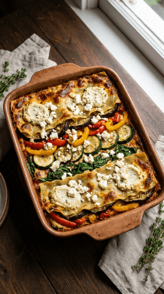 Vegan Lasagna Delight: Cozy, colorful lasagna bursting with zucchini, spinach & bell peppers—perfect for healthy comfort.