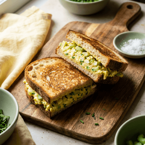 Vegan Egg Salad Sandwiches: Warm, savory, and protein-rich on rustic wood with fresh chives—ideal for easy vegan lunches.