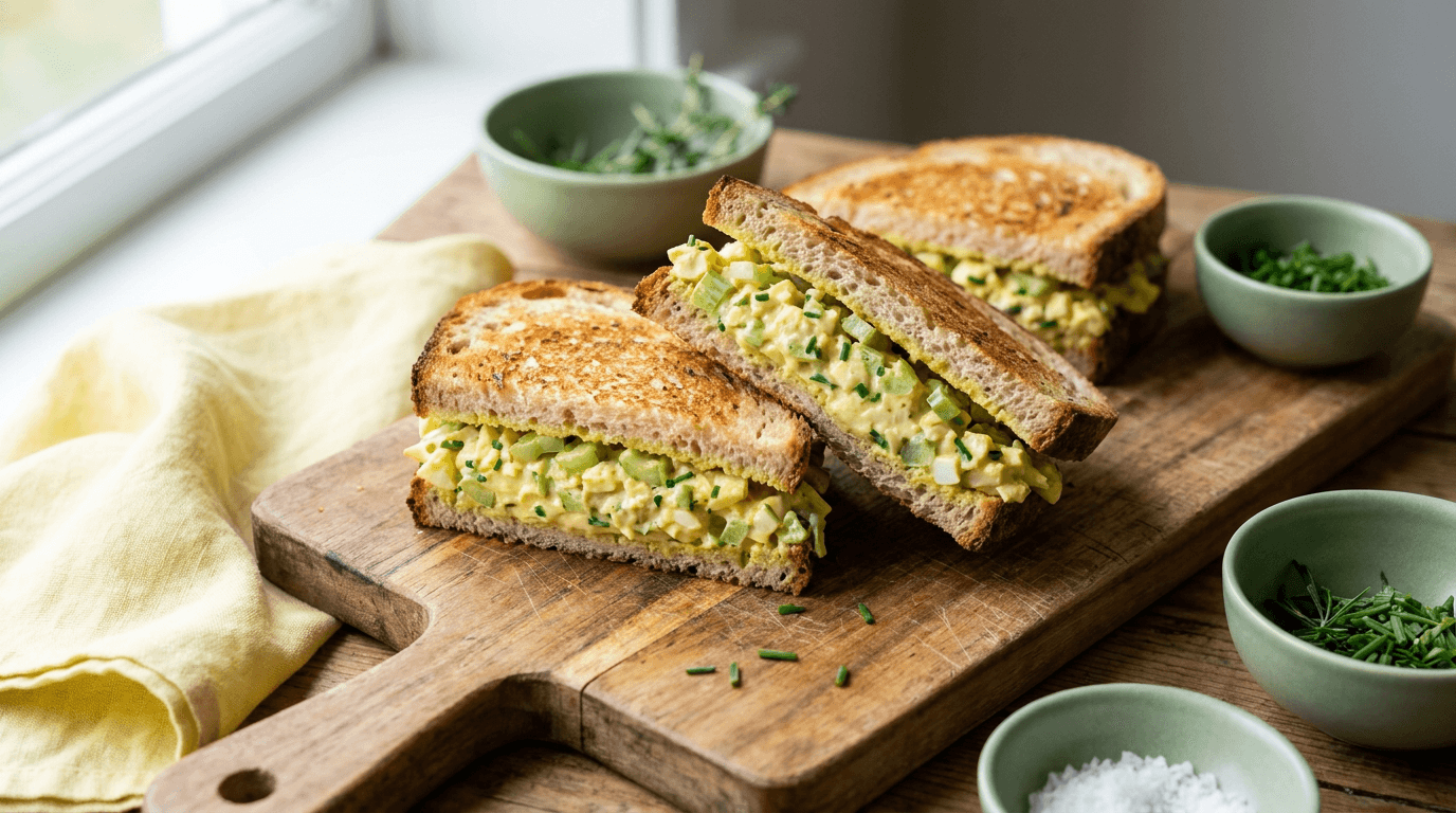 Vegan Egg Salad Delight: Hearty, zesty sandwiches on toasted bread with fresh chives and herbs—ideal for quick plant-based lunches. Save this idea so you can come back to it later.