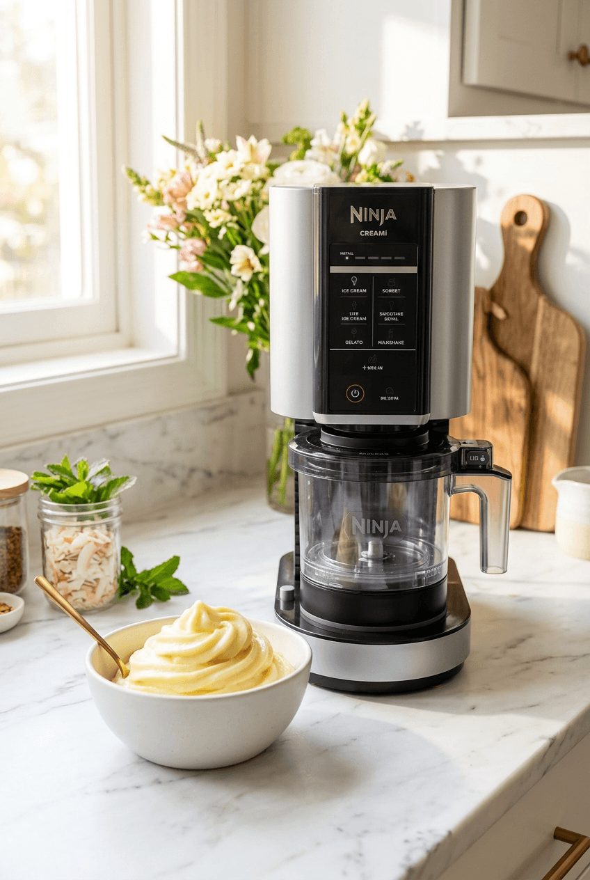 Vegan Dole Whip Delight: Sleek Ninja Creami on sunlit marble, fresh pineapple whip in bowl—refreshing treat for summer days. Save this idea so you can come back to it later.