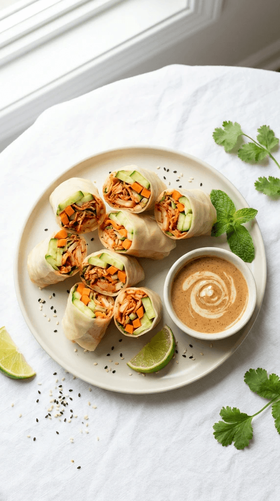 Kimchi Summer Rolls Delight: Fresh, crisp, colorful rolls with creamy sauce and black sesame—ideal for light lunches. Save this idea so you can come back to it later.