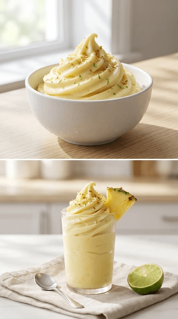 Tropical vegan pineapple Dole Whip, Lush, creamy, coconut-lime dessert with fresh garnishes—refreshing treat for summer days.