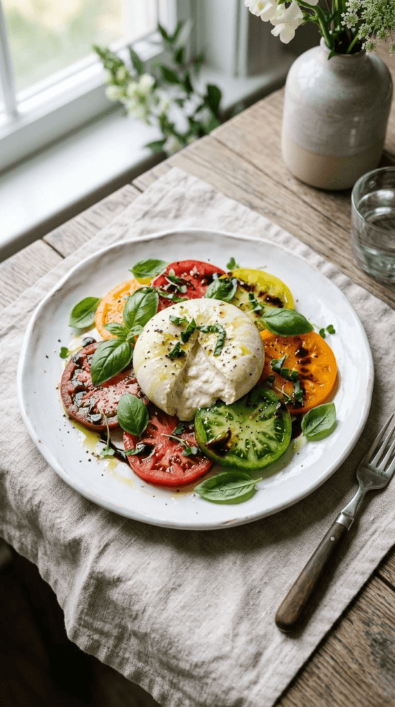 Beautifully plated Burrata-Style Cashew Caprese on a white ceramic plate with creamy cashew cheese, sliced colorful heirloom tomatoes, fresh basil, and balsamic drizzle