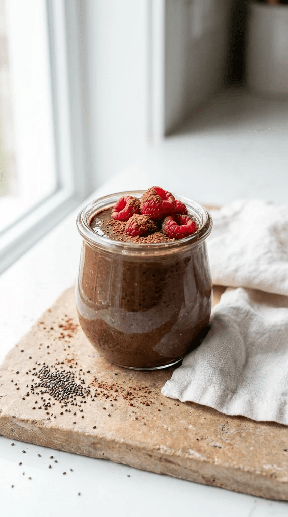 Chocolate Chia Delight: Creamy, glossy pudding in a glass jar, fresh raspberries, cocoa sprinkles—ideal healthy snack. Save this idea so you can come back to it later.