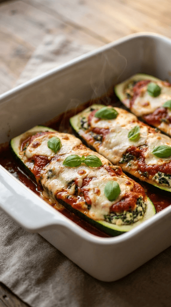 Vegan Zucchini Lasagna Boats: Fresh, steamy, and melty with basil and ricotta—healthy comfort food for busy nights. Save this idea so you can come back to it later.