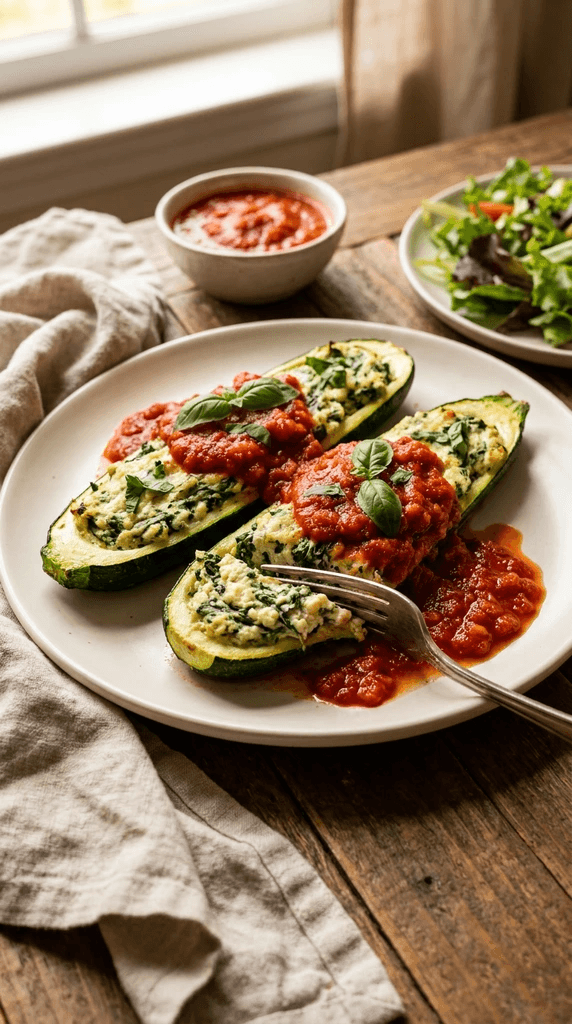Vegan Zucchini Lasagna Boats: Fresh, cheesy, and colorful, packed with spinach—perfect for easy plant-based dinners. Save this idea so you can come back to it later.