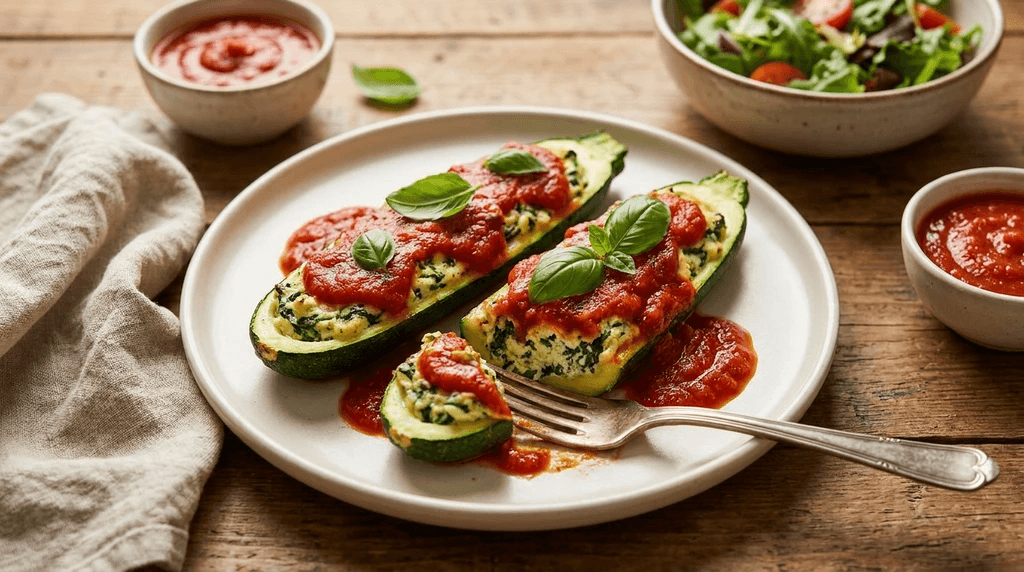 Vegan Lasagna Zucchini Boats: Savory, colorful, and fresh—stuffed with creamy ricotta. Easy meal-prep win! Save this idea so you can come back to it later.