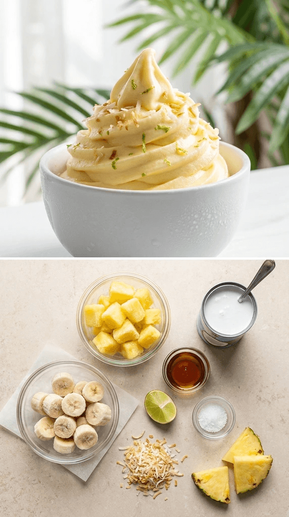 Tropical vegan pineapple Dole Whip: Silky pineapple treat with coconut, lime, and fresh fruit prepped for clean eats—perfect summer dessert.