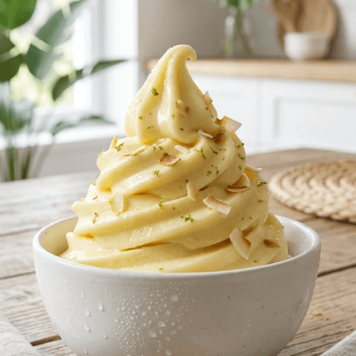 vegan pineapple Dole Whip Delight: Creamy pineapple swirls in a white bowl, with coconut and lime in a sunny, plant-filled kitchen—refreshing treat! Perfect for summer vibes. Save this idea so you can come back to it later.
