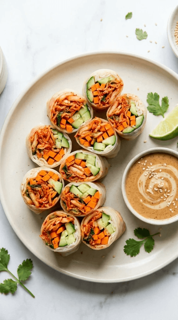 Kimchi Summer Rolls: Crisp, vibrant veggie-packed rolls with zesty sauce—refreshing, gut-healthy snack. Save this idea so you can come back to it later.