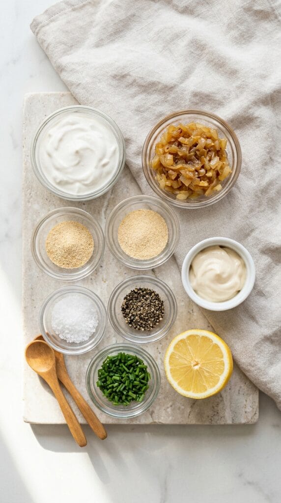 French Onion Dip Delight: Silky dip with golden onions, chives & lemons on marble—ideal for dairy-free snacking. Save this idea so you can come back to it later.