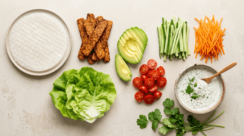 A top-down, beautifully organized flat lay of fresh ingredients for Vegan BLT Summer Rolls on a light beige micro-cement background.
