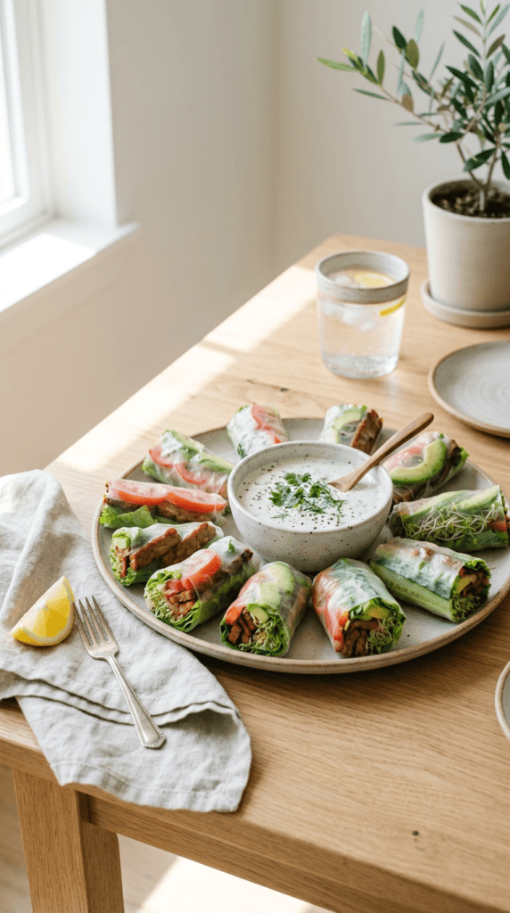 An elevated lifestyle food scene featuring a platter of multiple freshly rolled Vegan BLT Summer Rolls on a light oak table.