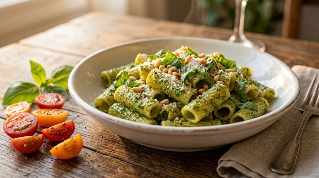 Close-up side angle of a plated serving of arugula pesto rigatoni in a white bowl, garnished with extra basil and pine nuts, cherry tomatoes sliced on the side