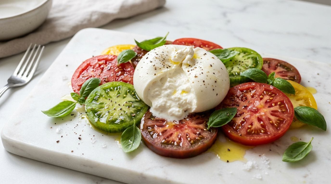 Luxurious close-up of creamy white cashew burrata spheres nestled on vibrant red and purple heirloom tomato slices, and scattered fresh green basil leaves