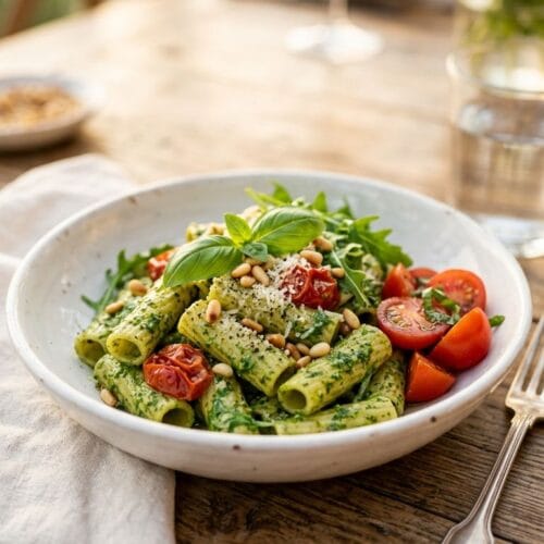arugula pesto rigatoni in a white bowl