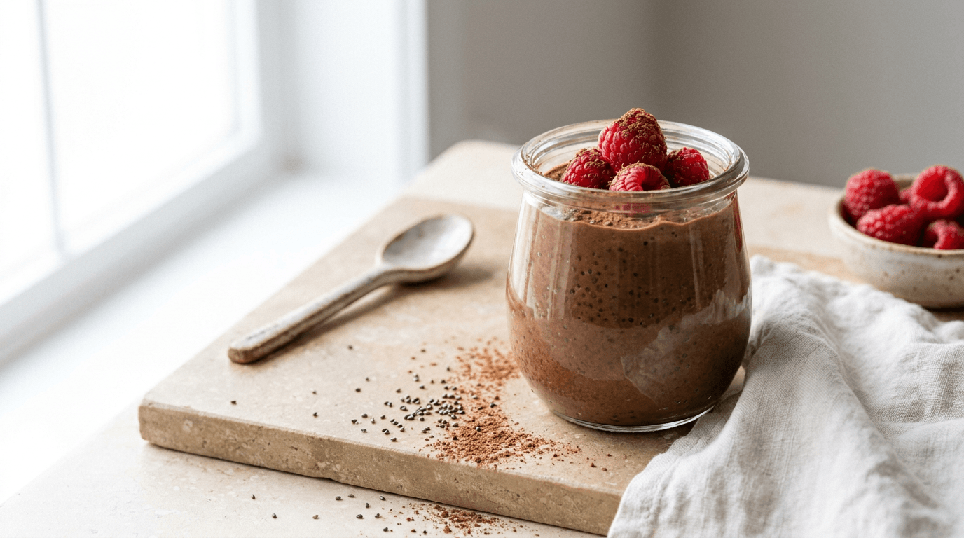 Chocolate Chia Delight: Creamy, healthy pudding in a glass jar, topped with juicy raspberries—ideal for guilt-free snacks. Save this idea so you can come back to it later.