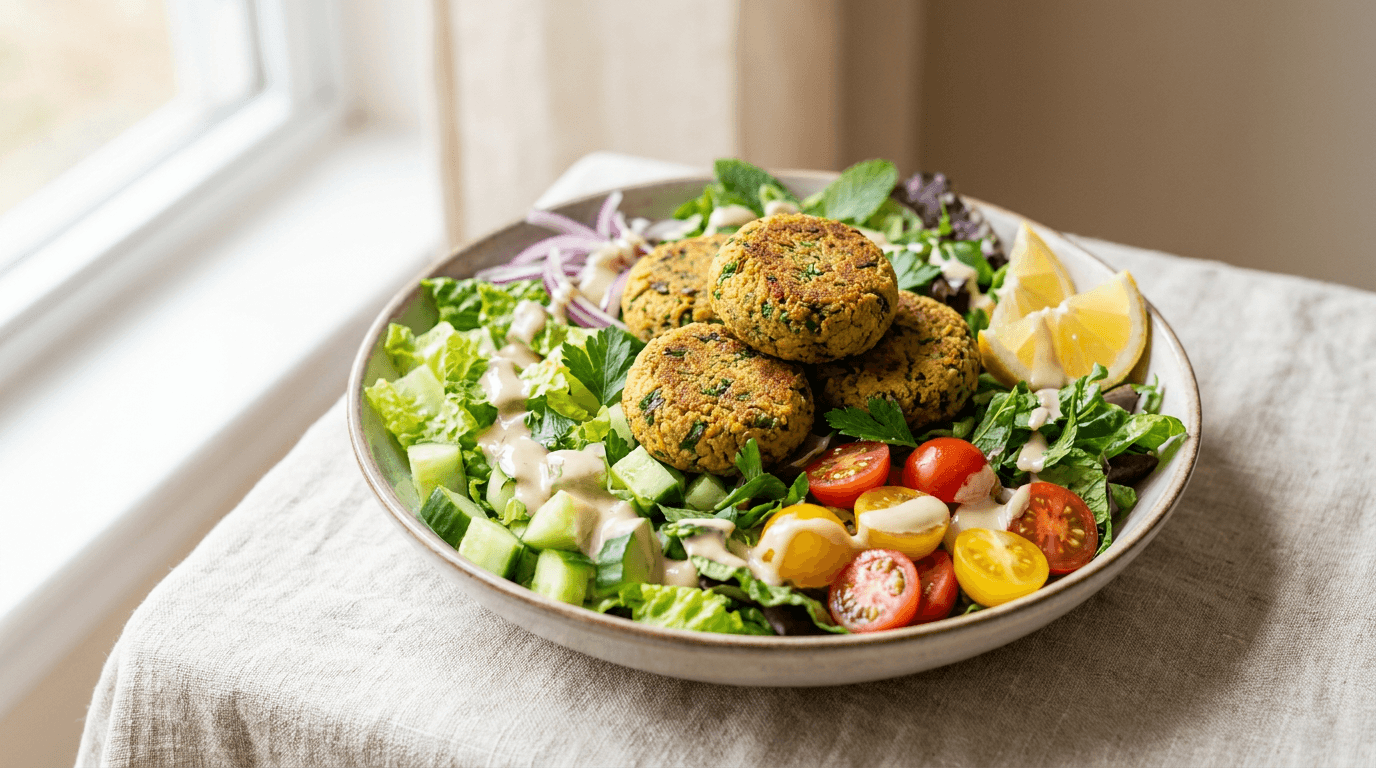Falafel Salad Glow-Up: Crisp lettuce, juicy grape tomatoes & minty falafel—fast, healthy lunch with zesty lemon. Save this idea so you can come back to it later.