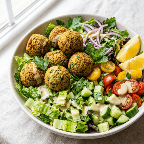 Mediterranean Falafel Bowl: Crispy, fresh, and colorful chickpea falafel atop crunchy veggies—great for quick, healthy lunches. Save this idea so you can come back to it later.