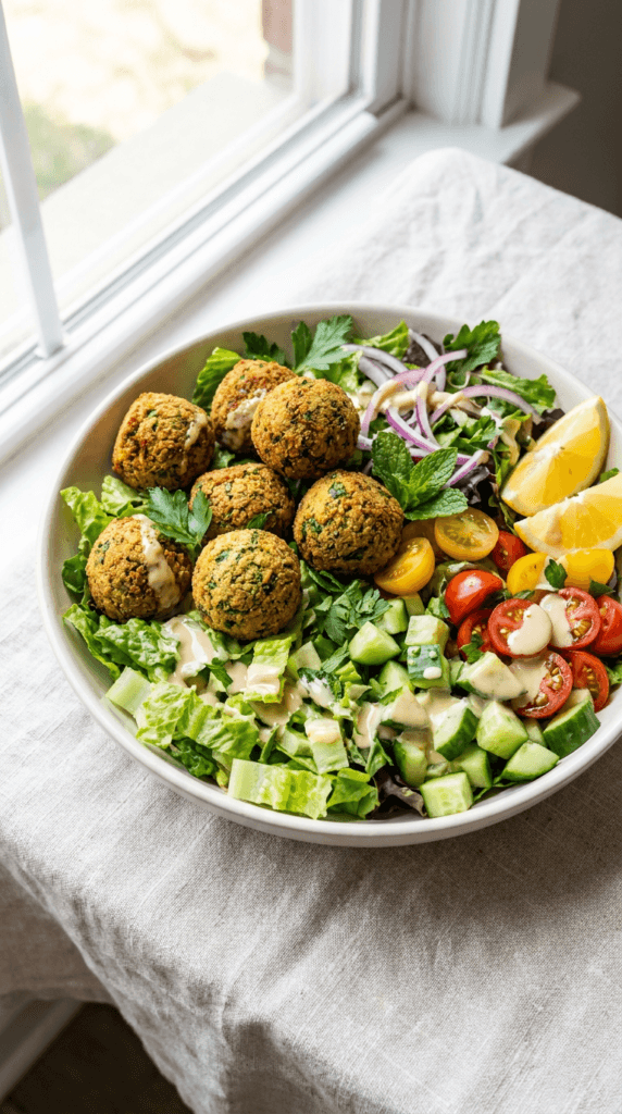 Mediterranean Falafel Bowl: Crispy, fresh, and colorful chickpea falafel atop crunchy veggies—great for quick, healthy lunches. Save this idea so you can come back to it later.