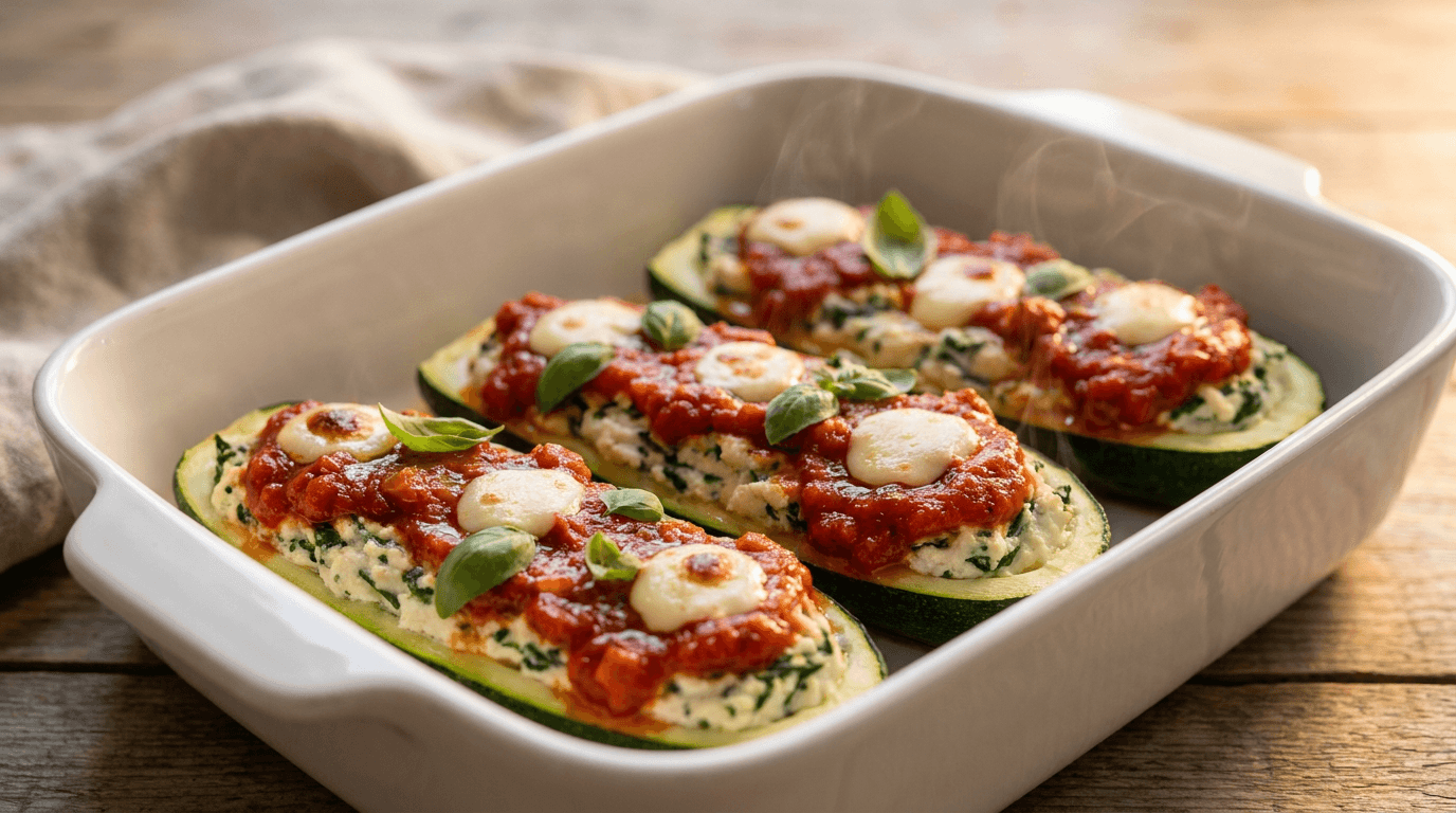 Vegan Zucchini Lasagna Boats: Hot, melty, and aromatic, packed with fresh basil—ideal for healthy comfort food nights. Save this idea so you can come back to it later.