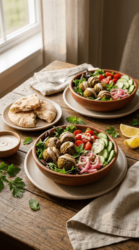 Falafel Power Bowls: Fresh, vibrant salads with crispy falafel, tangy pickles & sunlit herbs—ideal for healthy lunches. Save this idea so you can come back to it later.