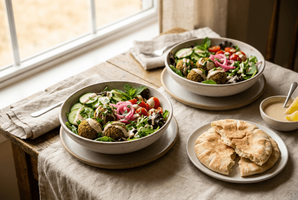 vegan falafel bowls Feast: Colorful, fresh bowls with crisp veggies & herbs by sunlit window—ideal for healthy lunch!