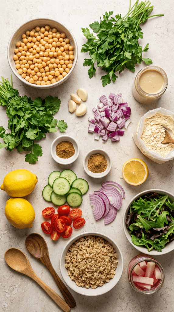 Protein-Packed Salad Flat Lay: Vibrant, fresh, wholesome ingredients plus tangy pickled onions—great for meal prep. Save this idea so you can come back to it later.