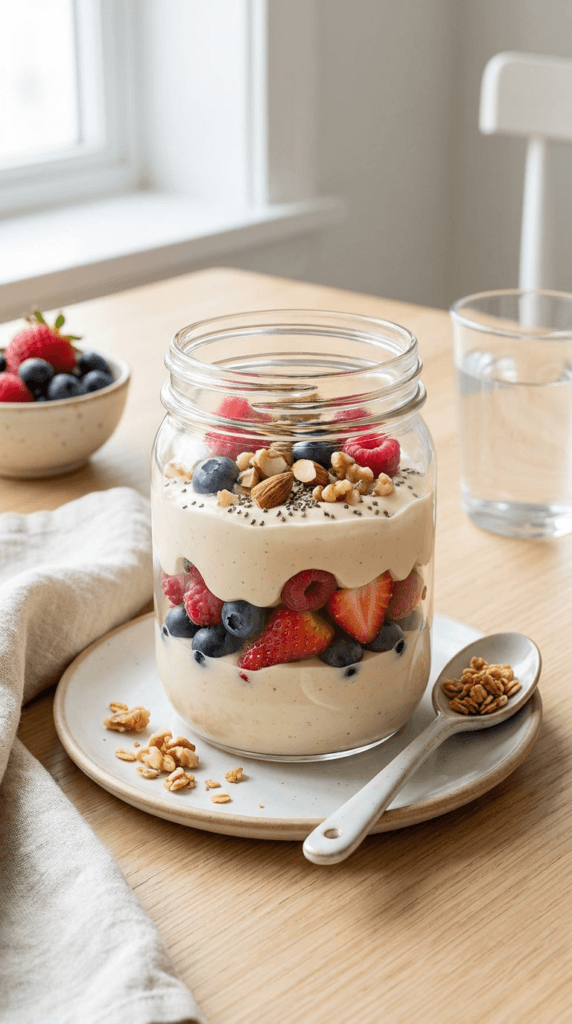 silky silken tofu protein parfait served in a clear glass jar or parfait cup, layered beautifully with creamy vanilla-peanut tofu filling, mixed berries, chopped almonds or walnuts, and a light sprinkle of chia seeds.