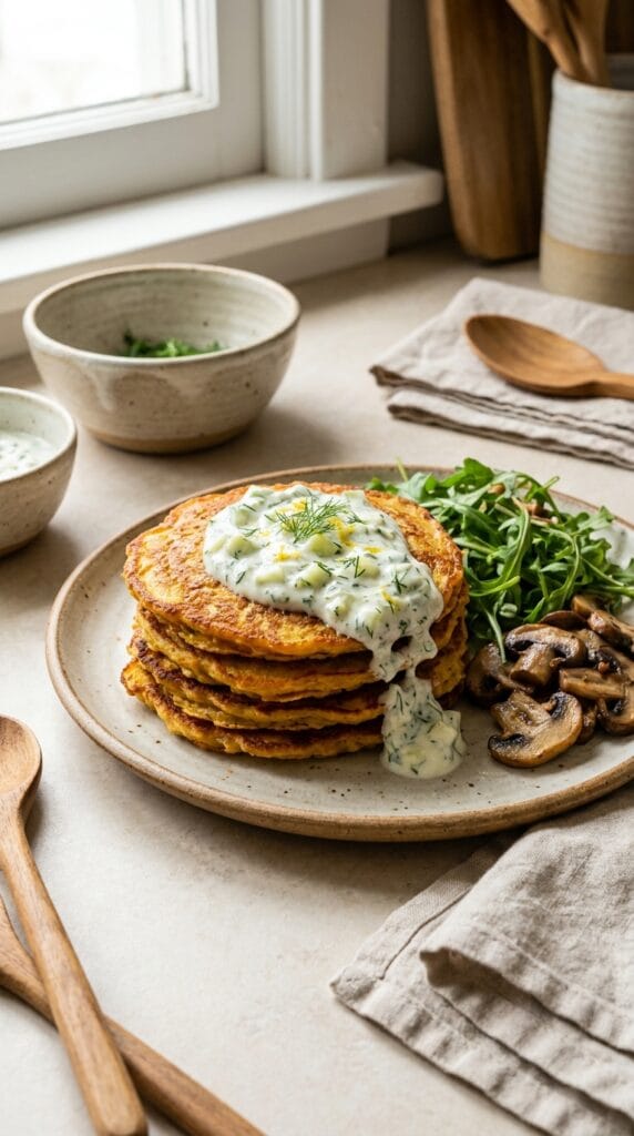 hearty savory lentil pancakes stacked on a ceramic plate