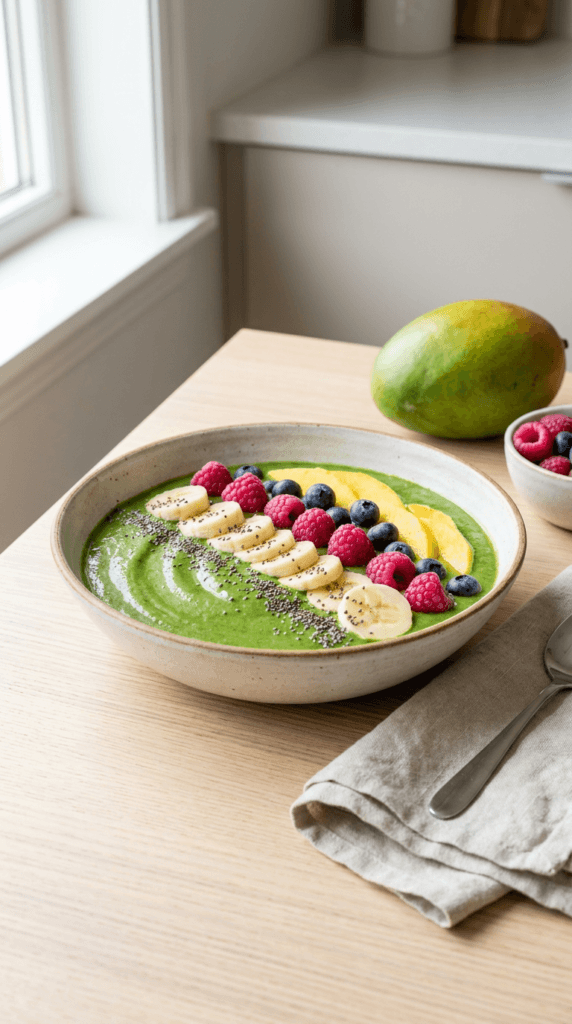 vibrant food photo of a thick green smoothie bowl in a wide ceramic bowl, made with spinach, mango, almond milk, vegan yogurt, protein powder, and almond butter