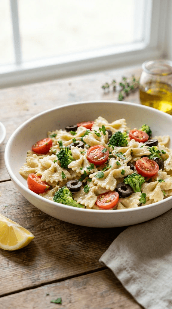 Creamy tahini hummus pasta salad with farfalle, cherry tomatoes, broccoli, black olives, and parsley in a shallow bowl