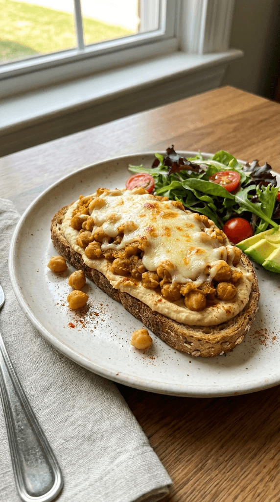Spiced chickpea hummus melt on toasted multigrain bread with melted vegan cheese