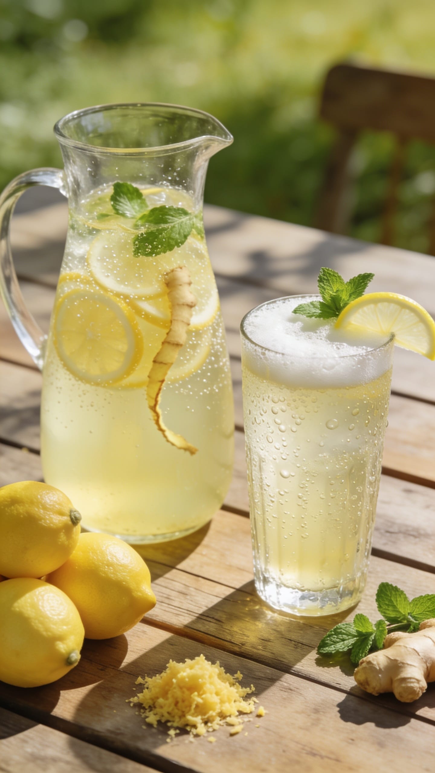 Homemade lemonade recipes with sparkling ginger lemonade, fresh mint, lemon slices, and ice
